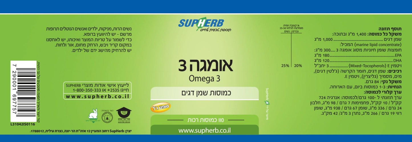 סופהרב אומגה 3 180 כמוסות SUPHERB